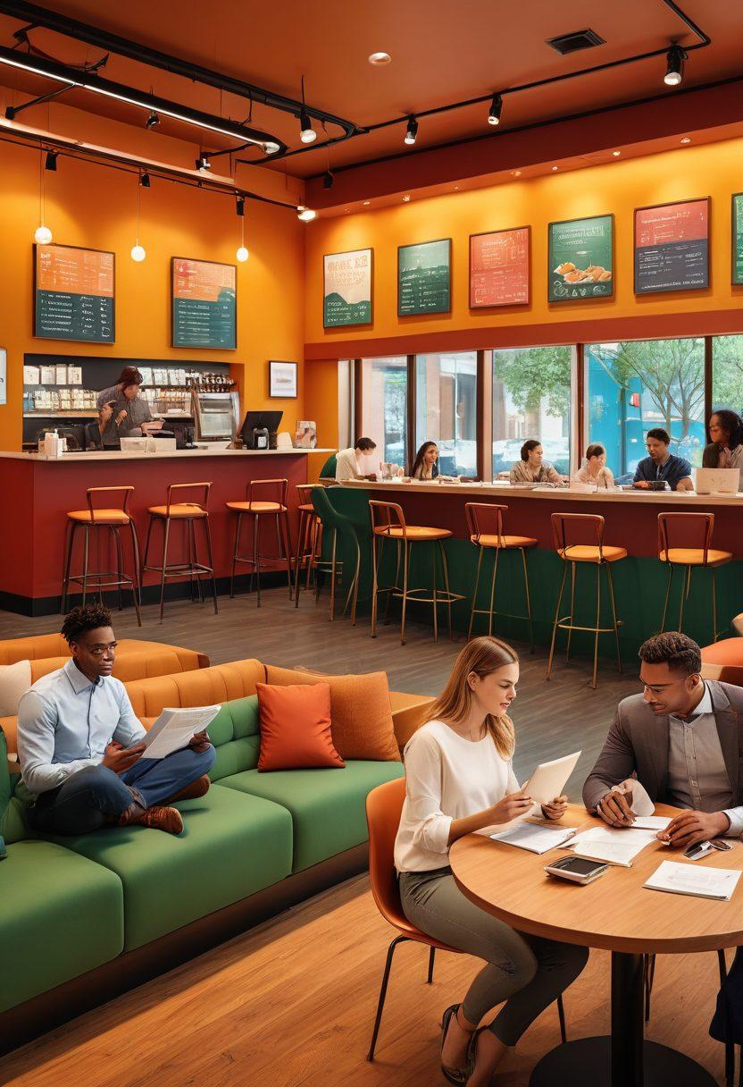 A split visual depicting a diverse group of people engaged in discussions about insurance policies on one side and exploring credit solutions on the other. Include elements like financial paperwork, calculators, and digital devices displaying financial graphs. The background should transition smoothly from a calm bank setting to a vibrant coffee shop atmosphere, symbolizing the journey of financial literacy. Emphasize warm colors to convey optimism and freedom. super-realistic. vibrant colors.