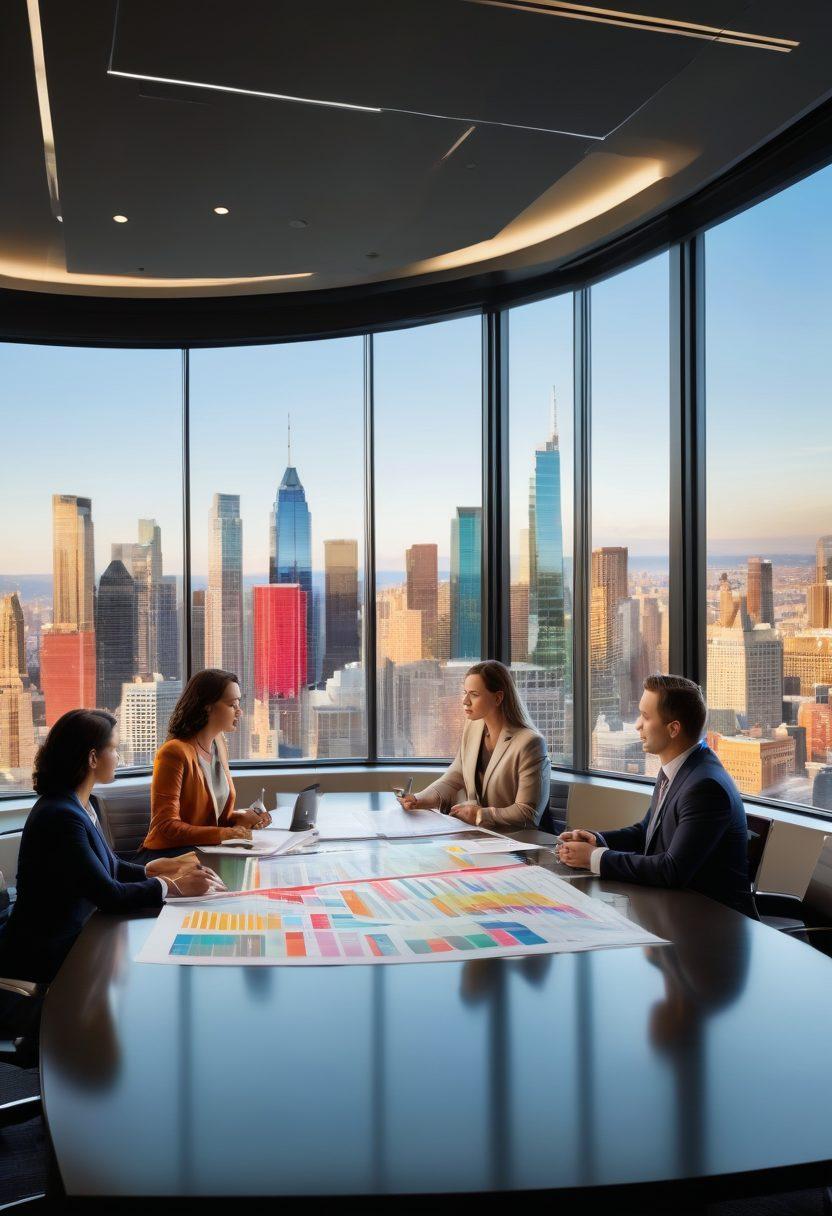 A serene scene depicting a diverse group of professionals collaboratively discussing wealth management strategies around a modern conference table, surrounded by charts and financial documents. The background features a large window with a beautiful city skyline, symbolizing growth and opportunity. Soft warm lighting enhances the atmosphere, creating a sense of focus and optimism about fiscal responsibility. super-realistic. vibrant colors. corporate style.