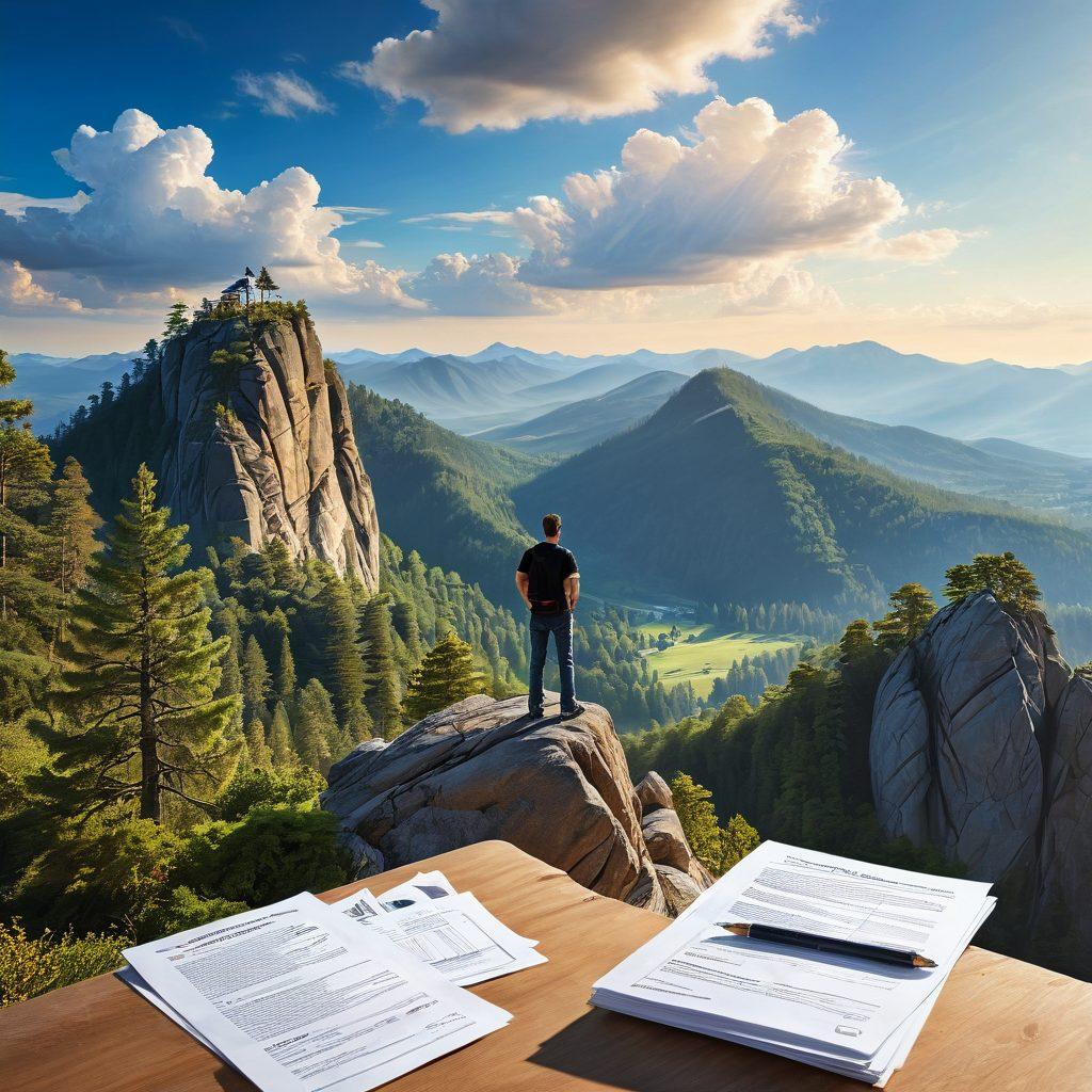 A serene landscape depicting a person confidently standing on a mountain peak, overlooking a valley filled with flourishing trees and a clear blue sky. In the foreground, a stack of insurance policy documents and a calculator, symbolizing smart financial choices. A winding path leads up the mountain, representing the journey towards financial freedom. Warm sunlight bathes the scene, evoking hope and positivity. vibrant colors. super-realistic.